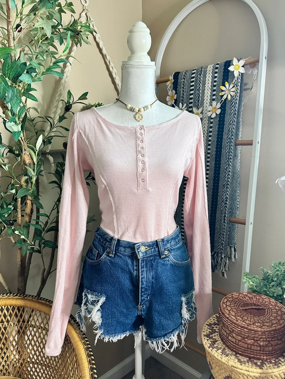 Free People We The Free Sloane Pink Henley Bodysuit NWT Thumbhole Top